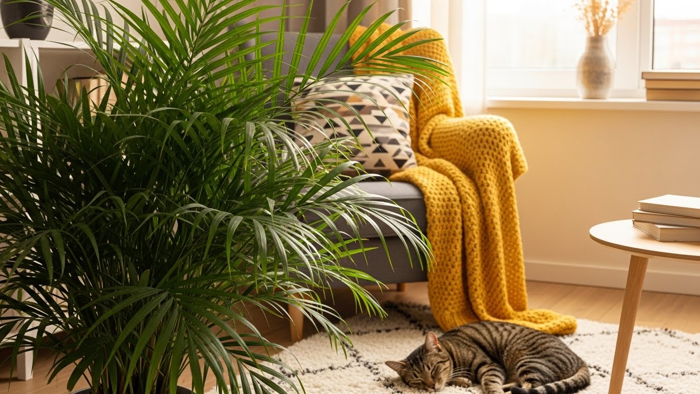 Vibrant areca palm indoors with cozy living room setting and sleeping cat.