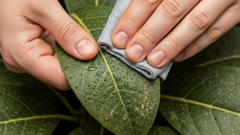 Person wiping dust off a plant leaf with a cloth