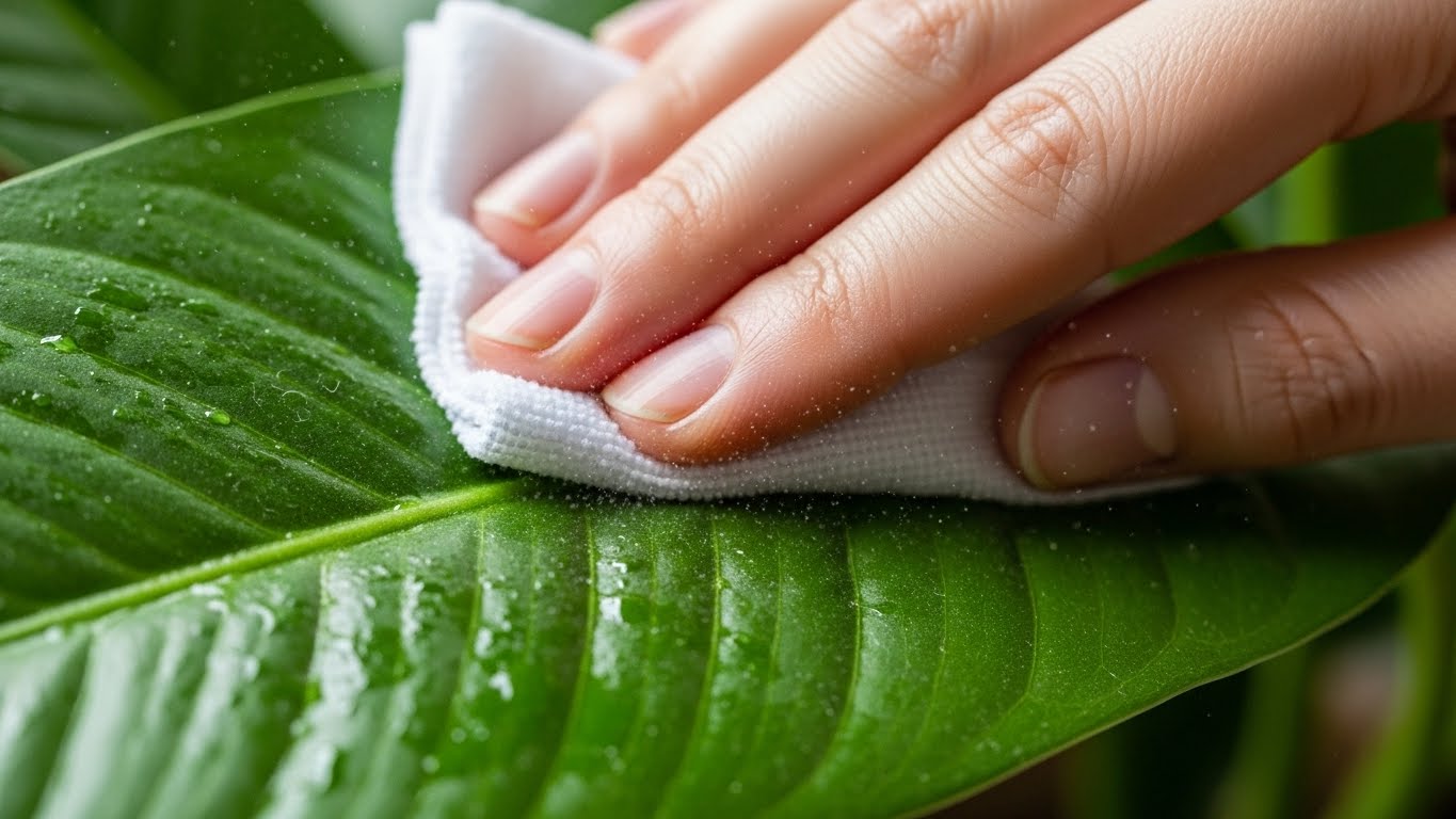 Hand dusting a plant leaf with a cloth for maintaining plant health