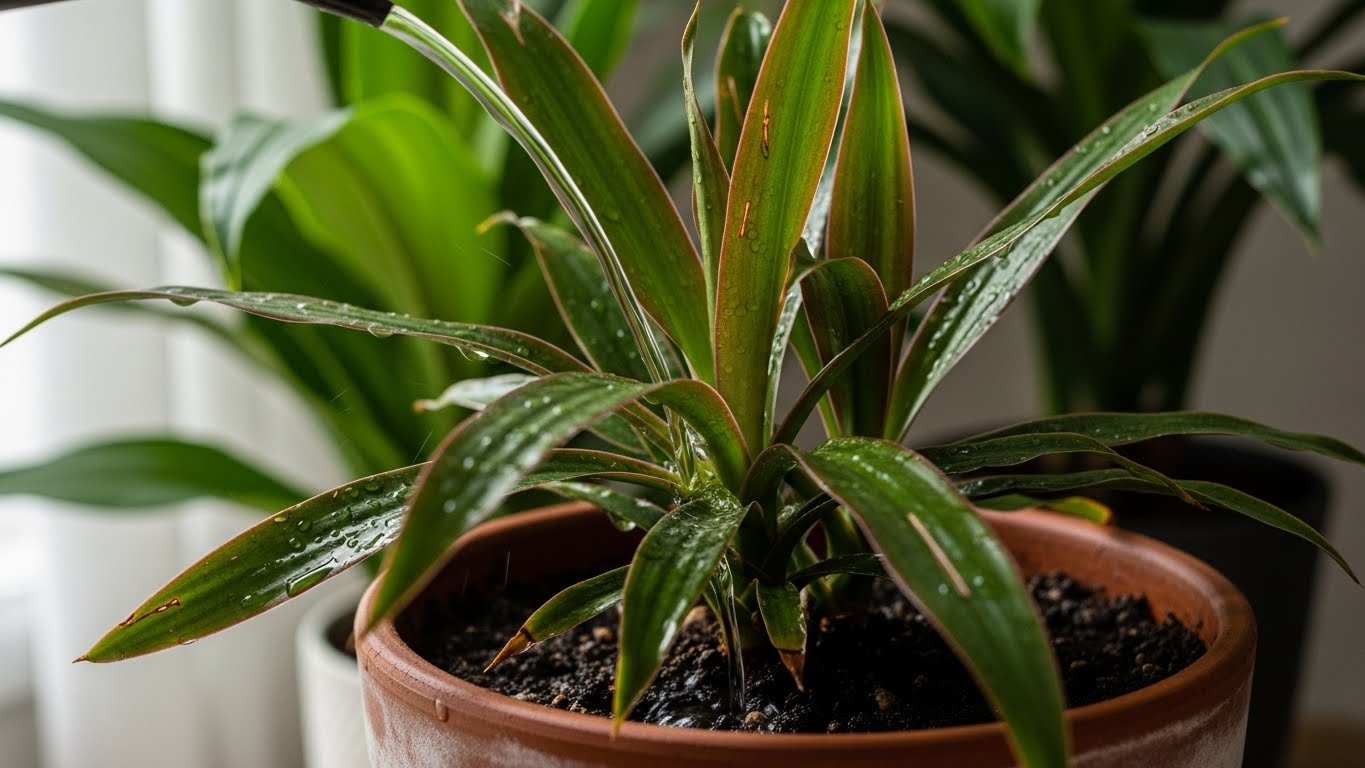 Watering indoor Dracaena plant in a terracotta pot