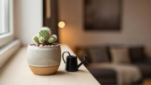 Mini cactus in a ceramic pot with a watering can on a wooden table