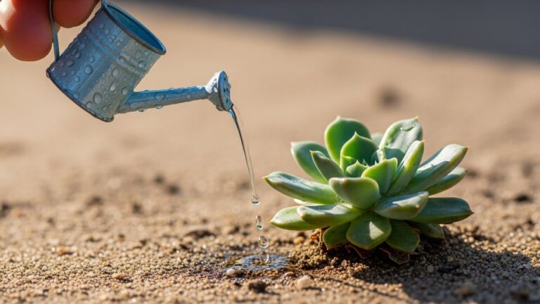 A hand watering a succulent plant with a metal watering can.