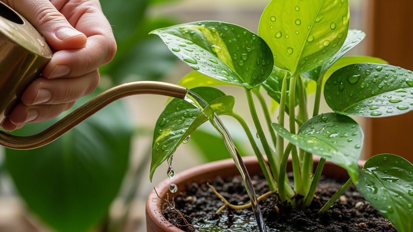 Watering a healthy Pothos plant with a watering can