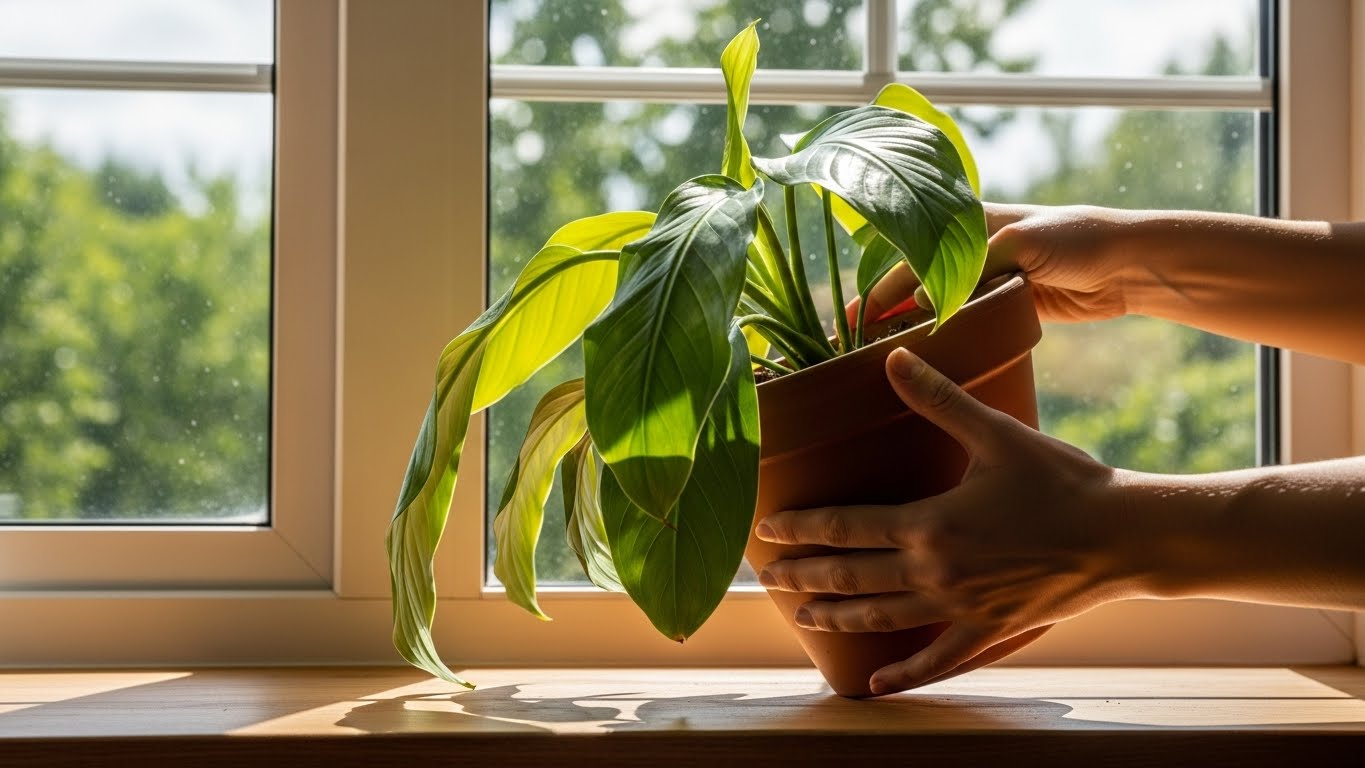 Person rotating a potted plant for even growth by a sunny window