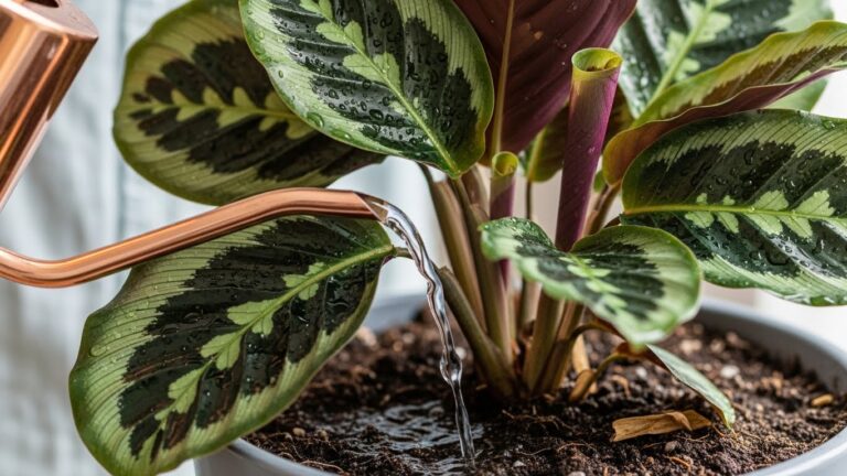 Indoor Calathea plant being watered with copper watering can