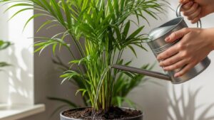 Person watering a Kentia palm plant indoors with a metal watering can