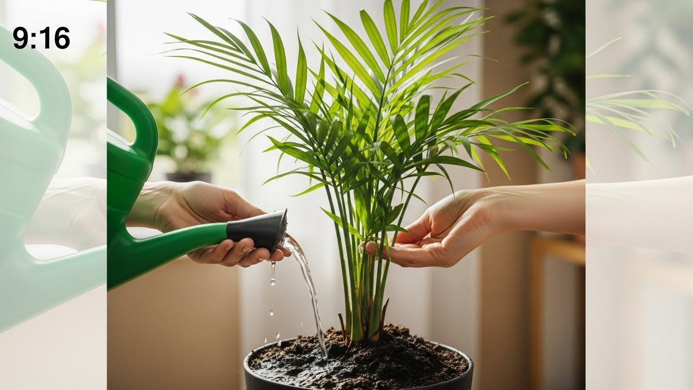 Hands watering parlor palm with green watering can indoors