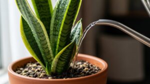 Watering a snake plant in a terracotta pot with a watering can