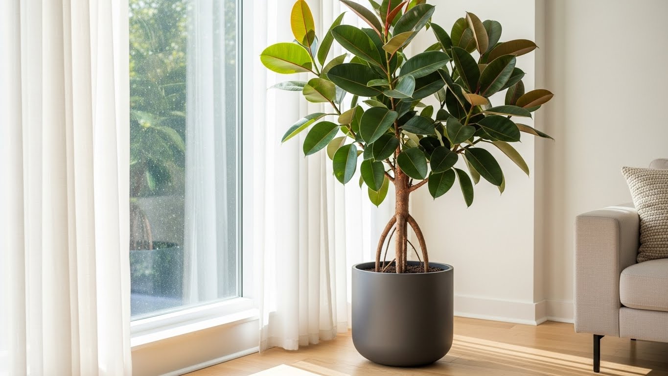 Tall indoor rubber plant in modern living room next to window.
