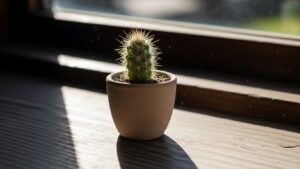 Mini cactus in a pot on a wooden surface with sunlight streaming in.