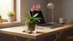 Mini orchid in a stylish pot on a desk with laptop and cup, ideal for decorating office spaces