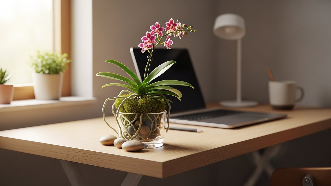 Mini orchid in a stylish pot on a desk with laptop and cup, ideal for decorating office spaces
