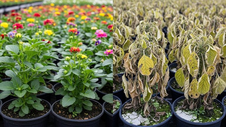 Healthy vibrant plants next to wilting brown indoor plants in pots.