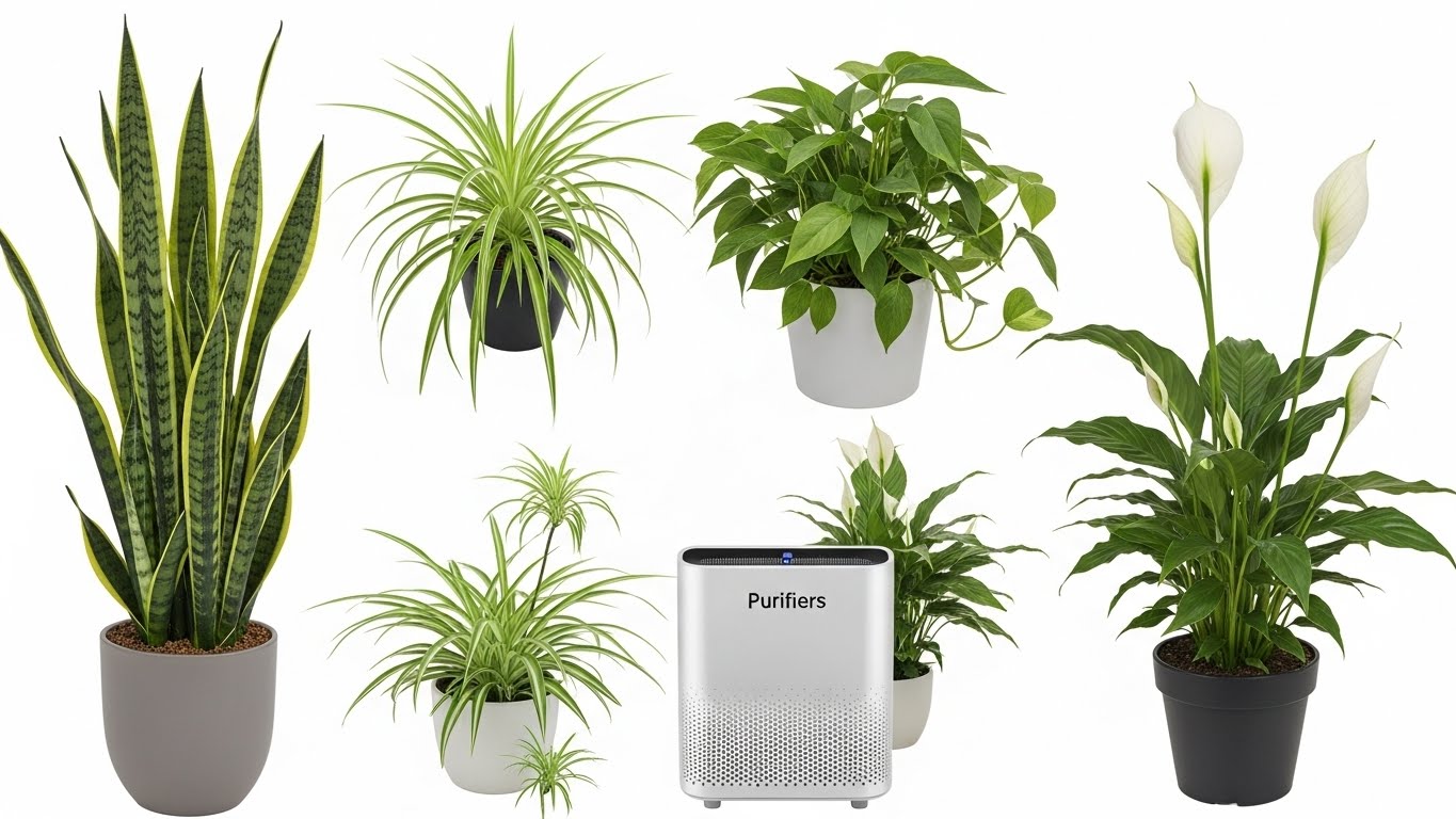 Indoor plants with air purifier, including snake plant and peace lily for home