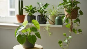 Diverse houseplants on window shelf perfect for beginners