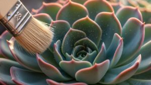 Cleaning indoor succulent leaves with a brush for dust removal