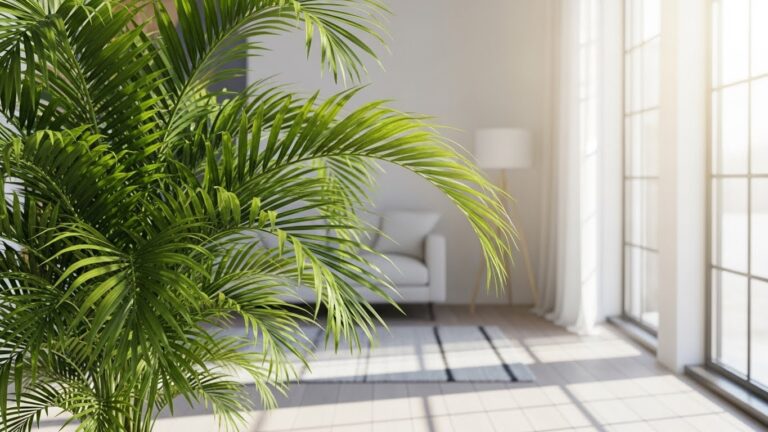 Lush parlor palm fronds in bright living room sunlight
