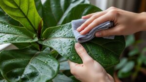 Cleaning fiddle leaf fig leaves with a soft cloth and water droplets