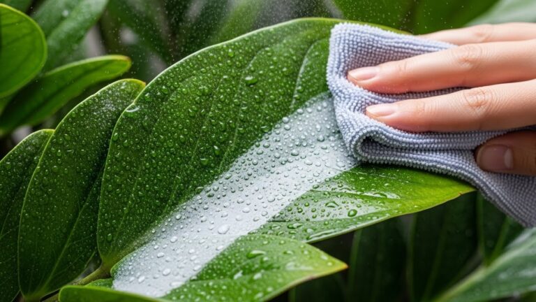 Cleaning ZZ plant leaves with a microfiber cloth to remove dust and prevent damage.