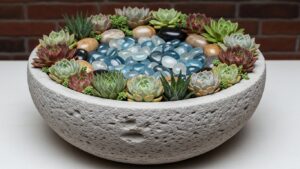Beautiful succulent centerpiece with various plants and decorative stones in a round bowl.