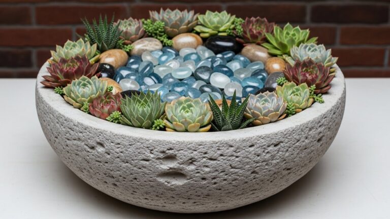 Beautiful succulent centerpiece with various plants and decorative stones in a round bowl.