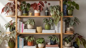 A stylish display of various begonias on wooden shelves with books and decorative items.