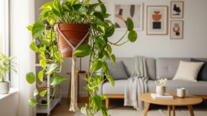 Hanging pothos plant in a stylish pot enhances small living room space