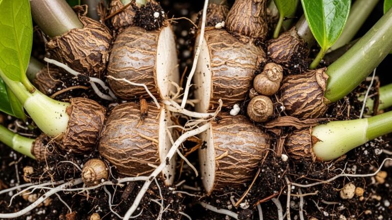 Close-up of divided ZZ plant rhizomes with roots and soil
