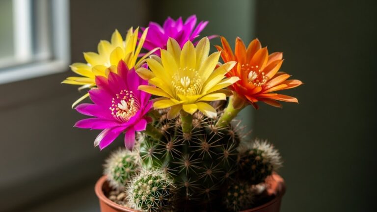 Colorful mini cactus flowers blooming indoors in a sunny window.