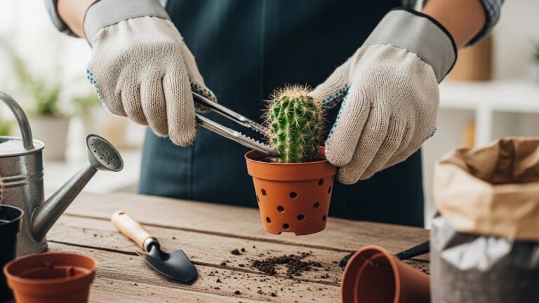 Person handling a prickly mini cactus using tongs while wearing protective gloves.