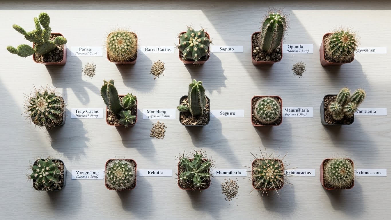 A collection of various mini cactus types displayed in pots for identification.