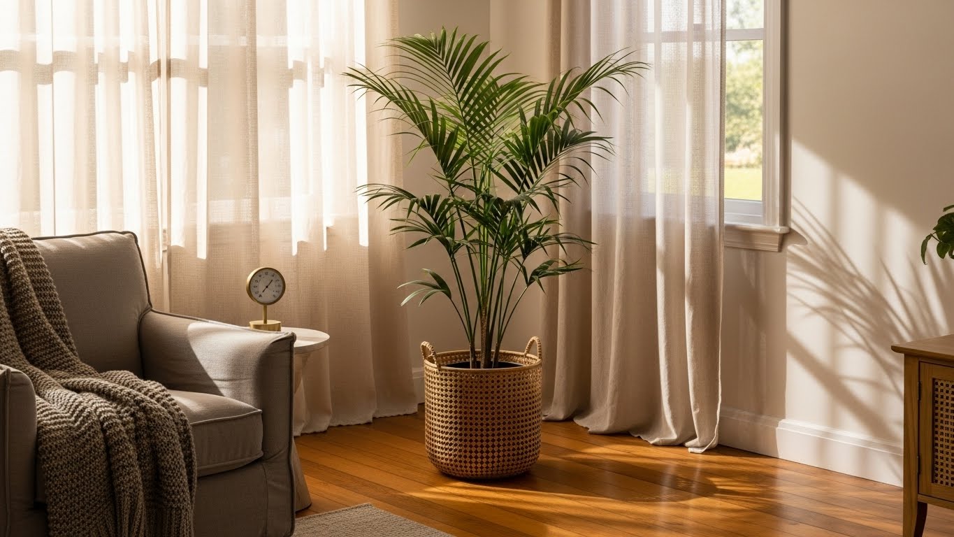Lush Areca palm in basket planter by sunny window in cozy living room