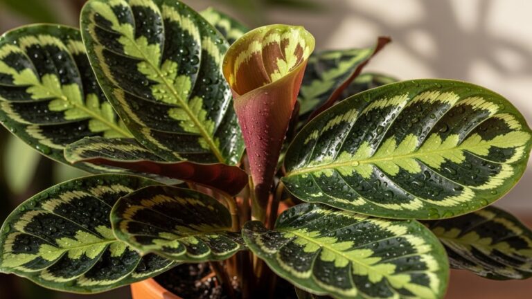 Close-up of Calathea plant leaves with vibrant patterns and dewdrops