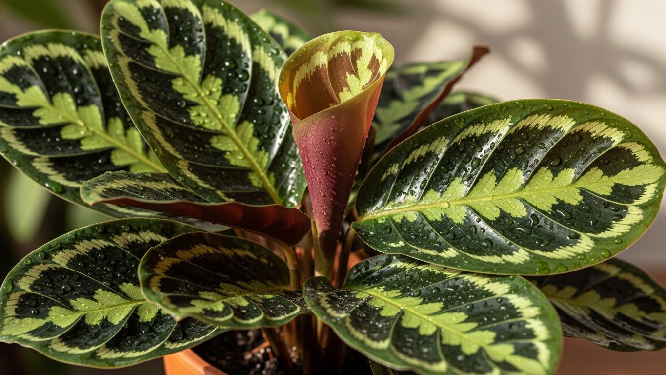 Close-up of Calathea plant leaves with vibrant patterns and dewdrops