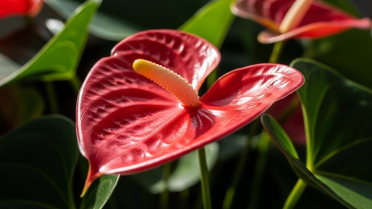 Vibrant red anthurium flower with glossy leaves for indoor blooming