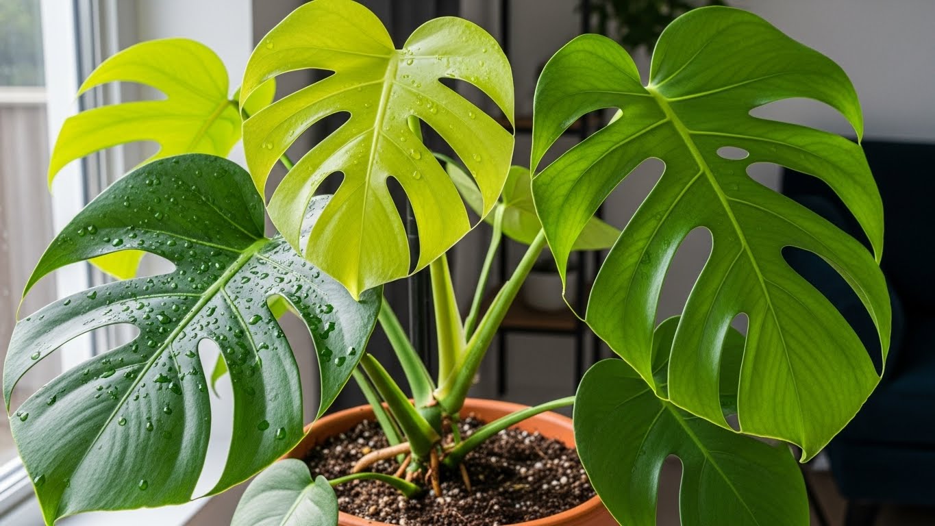 Healthy indoor monstera plant with vibrant green leaves