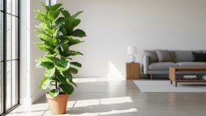 Healthy fiddle leaf fig in a pot by a window, growing straight