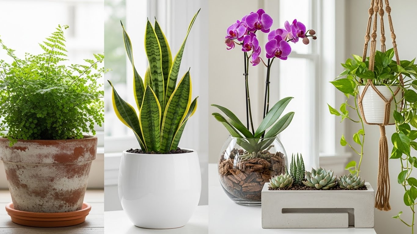 Diverse plant pots including terracotta, ceramic, glass for ferns, snake plant, orchids, succulents.