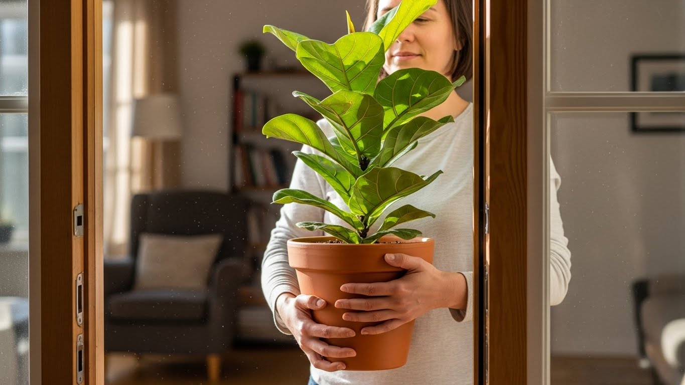 Woman carefully holding a potted plant indoors, ready to move it safely.