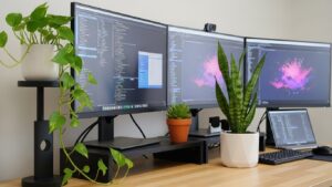 Office desk with monitors and indoor plants for a productive workspace