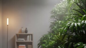Lush indoor plants and soft lighting creating a cozy indoor jungle ambiance