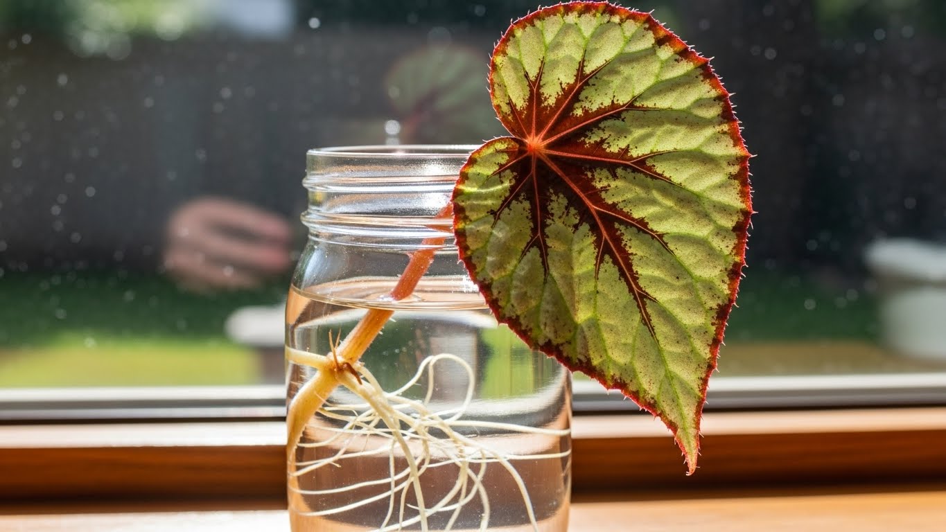 A begonia cutting with roots in water illustrating propagation techniques.