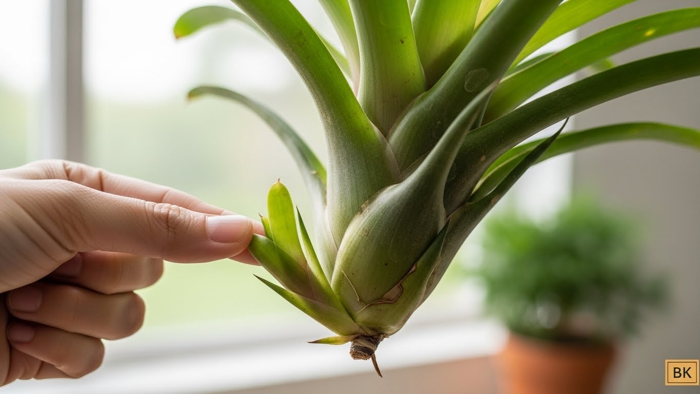 Hand gently separating bromeliad pup for propagation