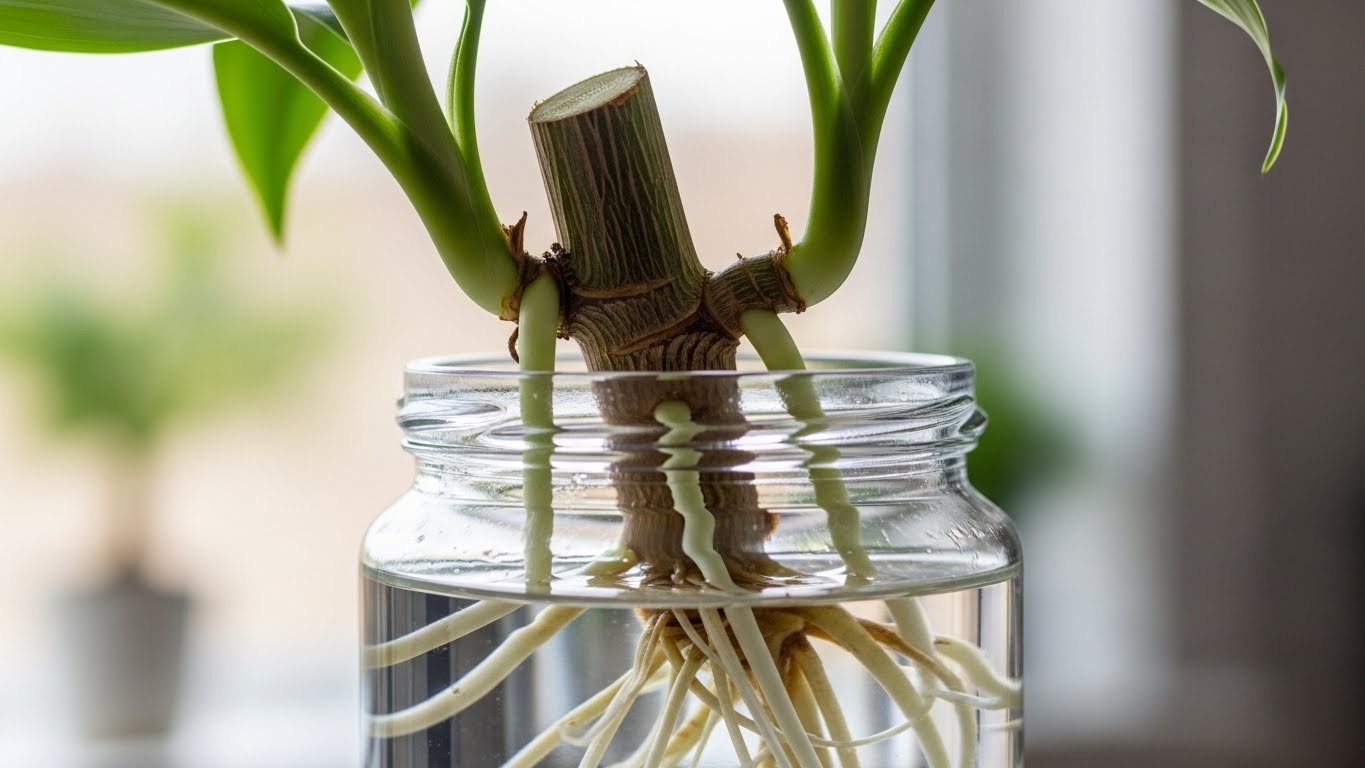 Dracaena stem cutting in a jar of water rooting process