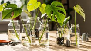 Monstera cuttings in jars of water with rooting hormone on a sunny table
