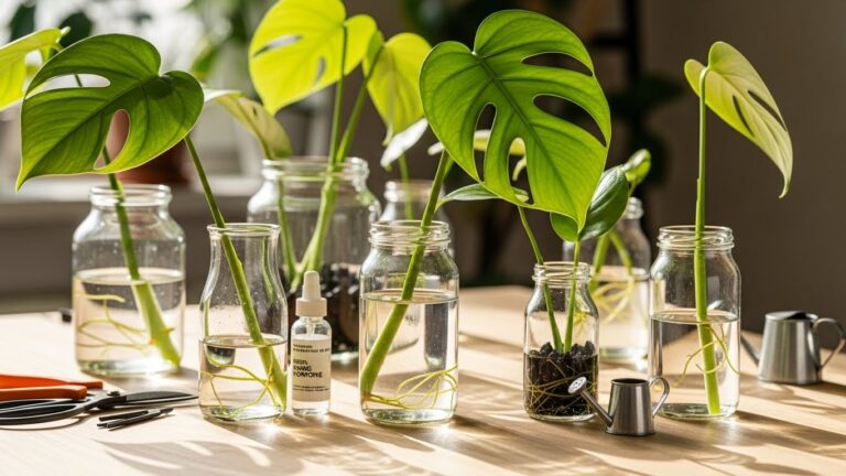 Monstera cuttings in jars of water with rooting hormone on a sunny table