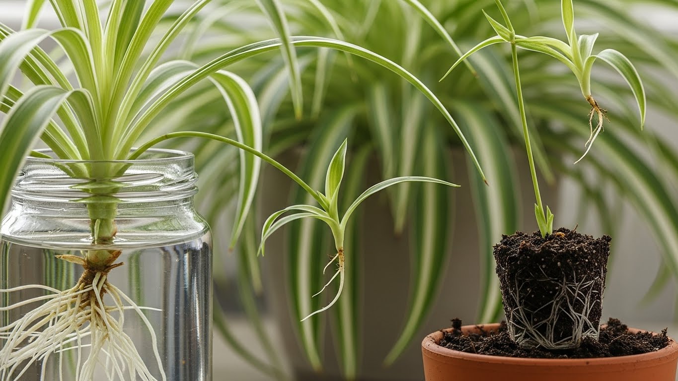 Spider plants propagating in water and soil, showcasing healthy roots.