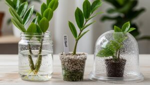 Three methods to propagate a ZZ plant: water, soil, and humidity dome propagation.