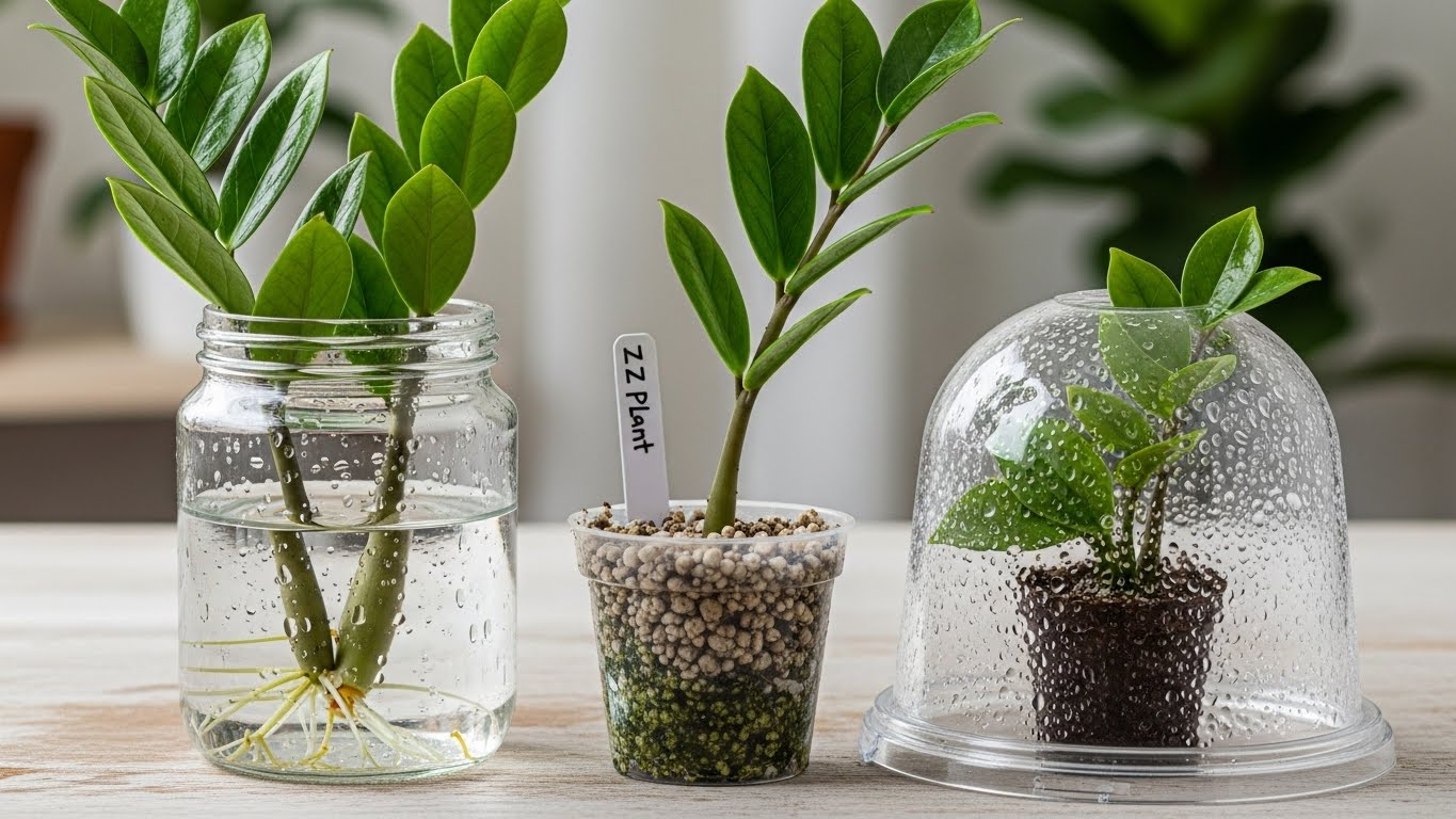 Three methods to propagate a ZZ plant: water, soil, and humidity dome propagation.