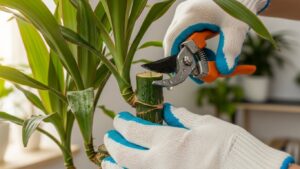 Hand pruning a Dracaena plant for fuller growth using garden shears.